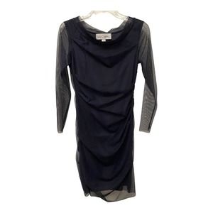 Sara Campbell Mini Dress 0 XS Navy Mesh Overlay Long Sleeve Sheath Ruched Chic